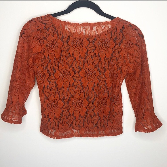 Rusty Orange Lace Crop Top With Bell Sleeves - Picture 6 of 6